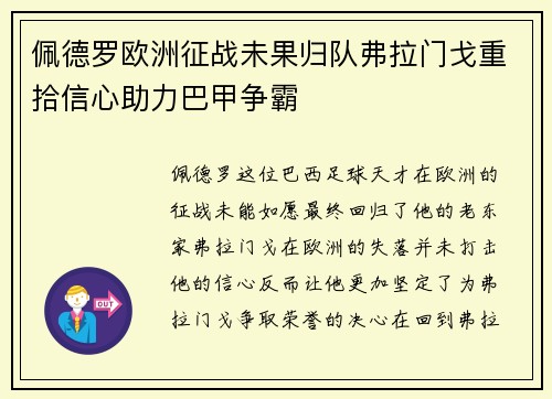佩德罗欧洲征战未果归队弗拉门戈重拾信心助力巴甲争霸