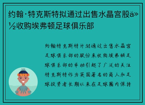 约翰·特克斯特拟通过出售水晶宫股份收购埃弗顿足球俱乐部 约翰·特克斯特拟通过出售水晶宫股份收购埃弗顿足球俱乐部